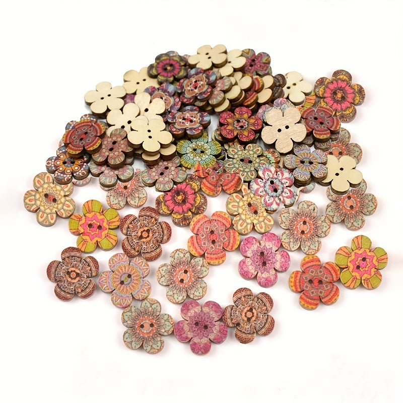 50pcs Painted Flowers Buttons Mixed Colors Wooden Buttons DIY Sewing Decoration