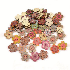 50pcs Painted Flowers Buttons Mixed Colors Wooden Buttons DIY Sewing Decoration