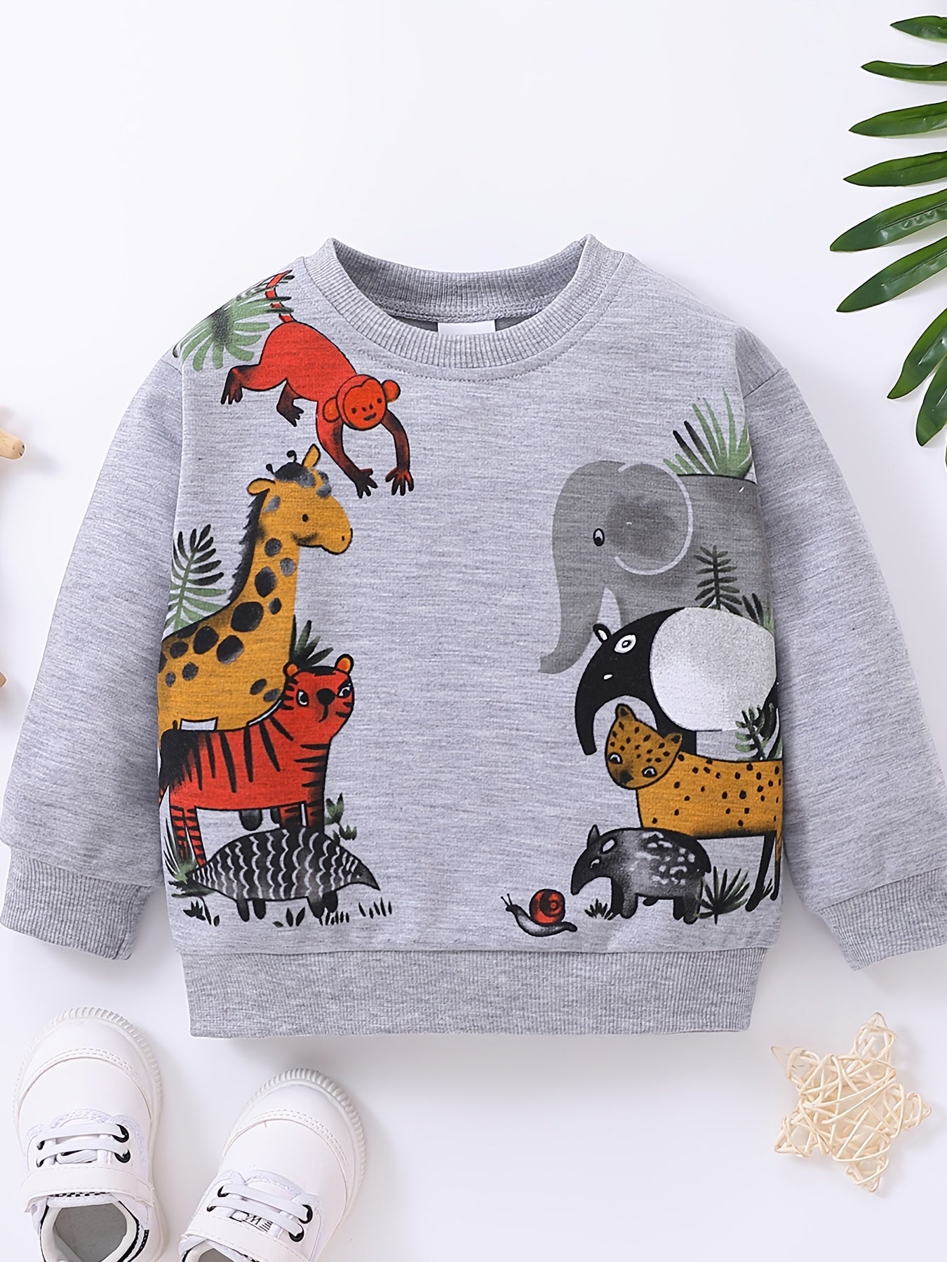 Cartoon Animals Print Boys Pullover Sweatshirt Long Sleeve Crew Neck Tops
