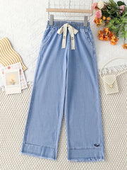 Girls Velvet Wide Leg Jeans with Drawstring Waist