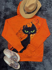Halloween Cat Print Kangaroo Pocket Hoodie Women's Sweatshirt