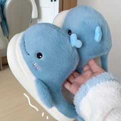Cartoon Whale Furry House Shoes For Girls