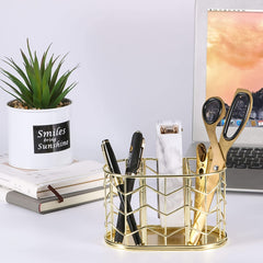 Golden Metal Pencil Holder 3 Compartment Desk Organizer