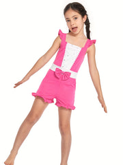 Girls Princess Ruffle Sleeve Jumpsuit With Bow Romper