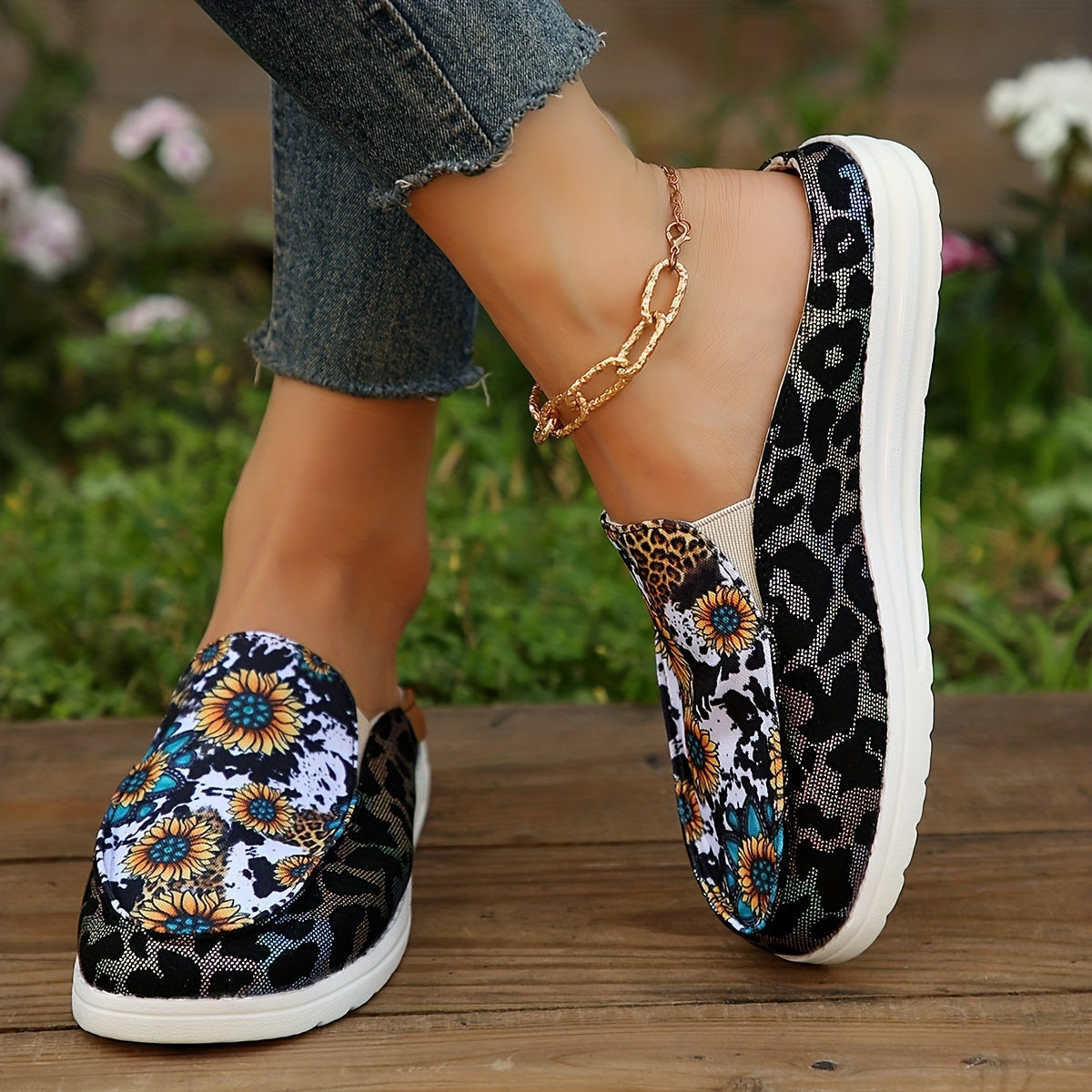 Women's Print Mules Sneakers Slip On Low Top Loafers