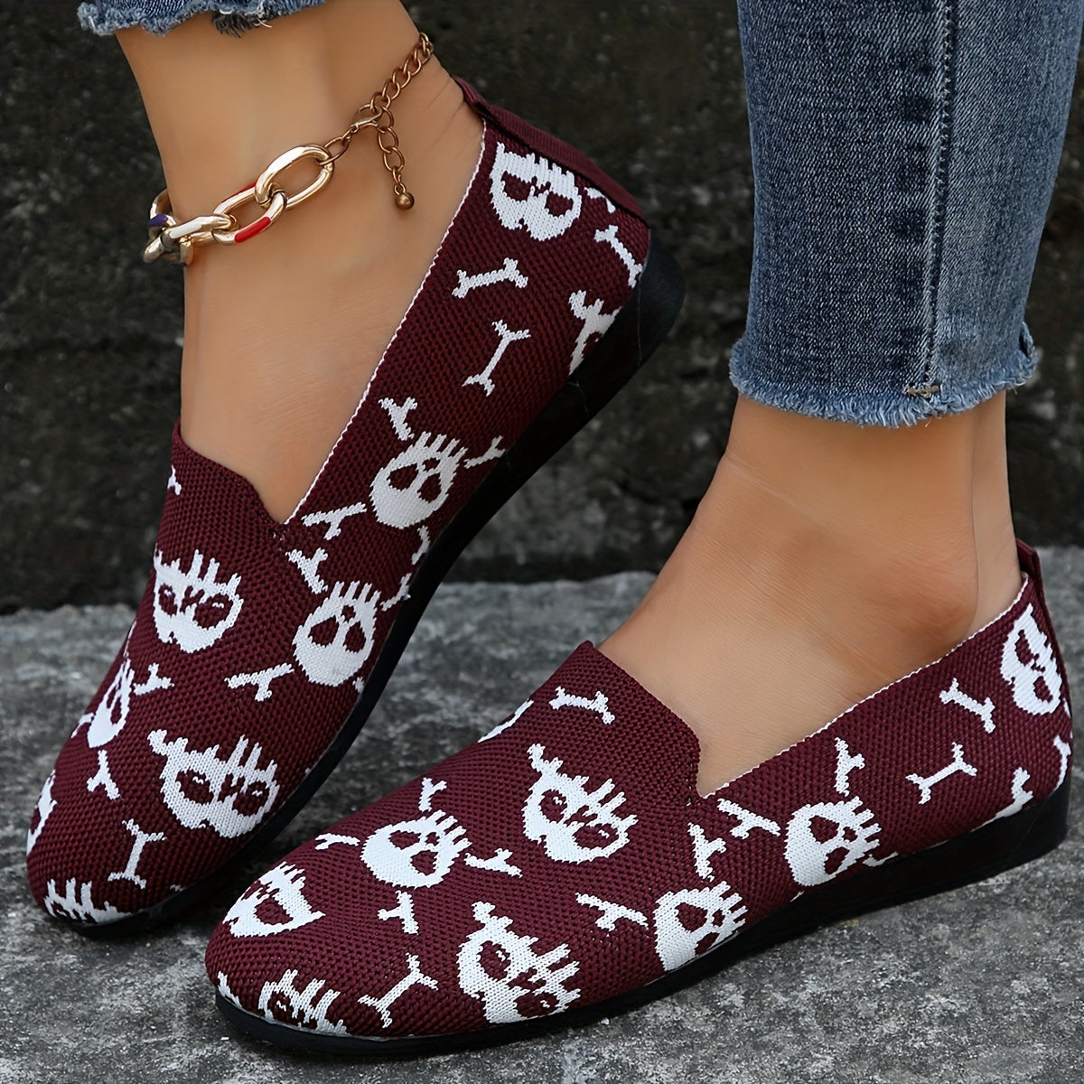 Women's Skull Print Flat Shoes Breathable Halloween Lightweight Shoes