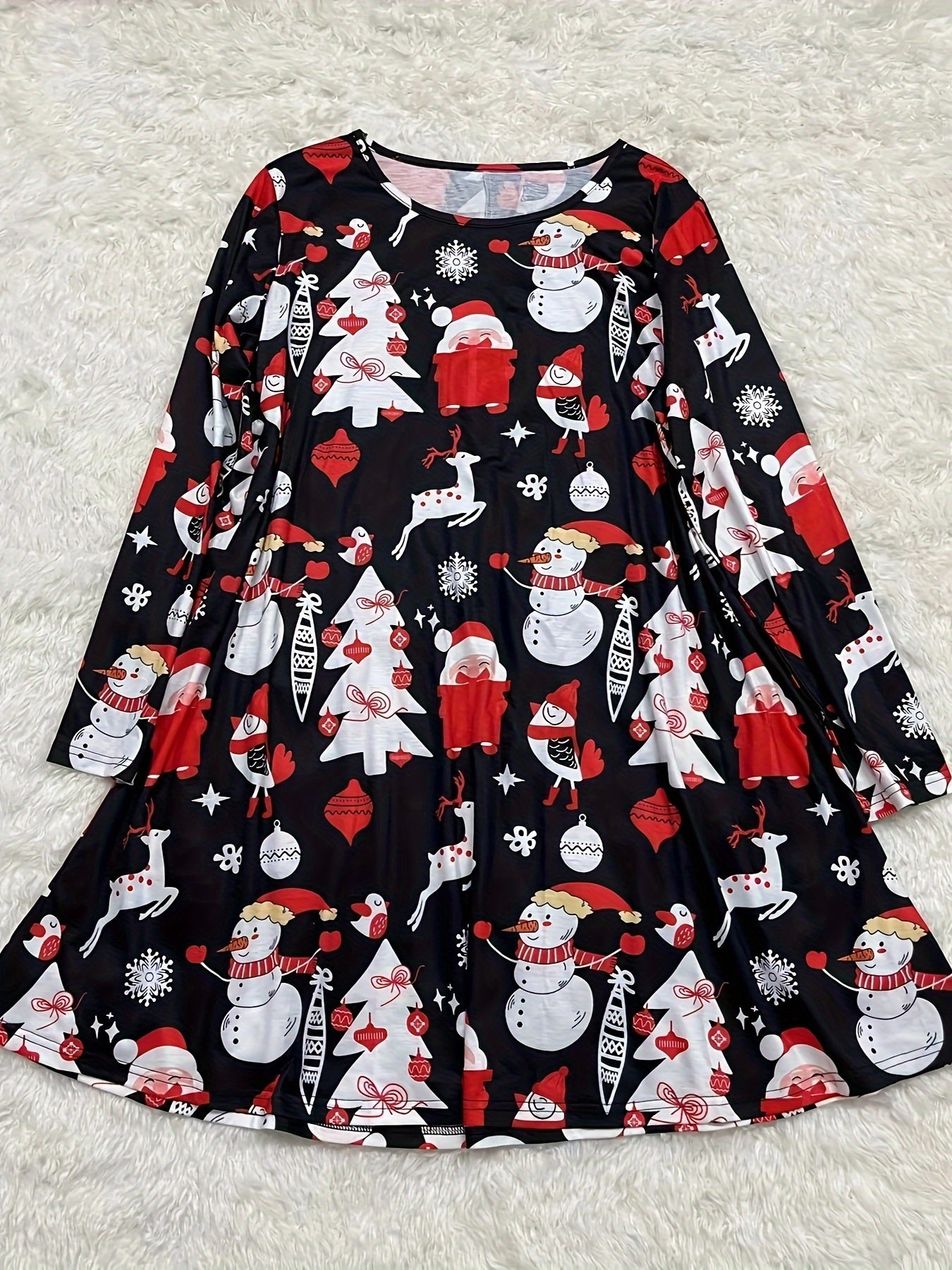 Christmas Dress Women's Plus Santa Claus & Snowman Print Long Sleeve