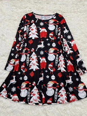 Christmas Dress Women's Plus Santa Claus & Snowman Print Long Sleeve
