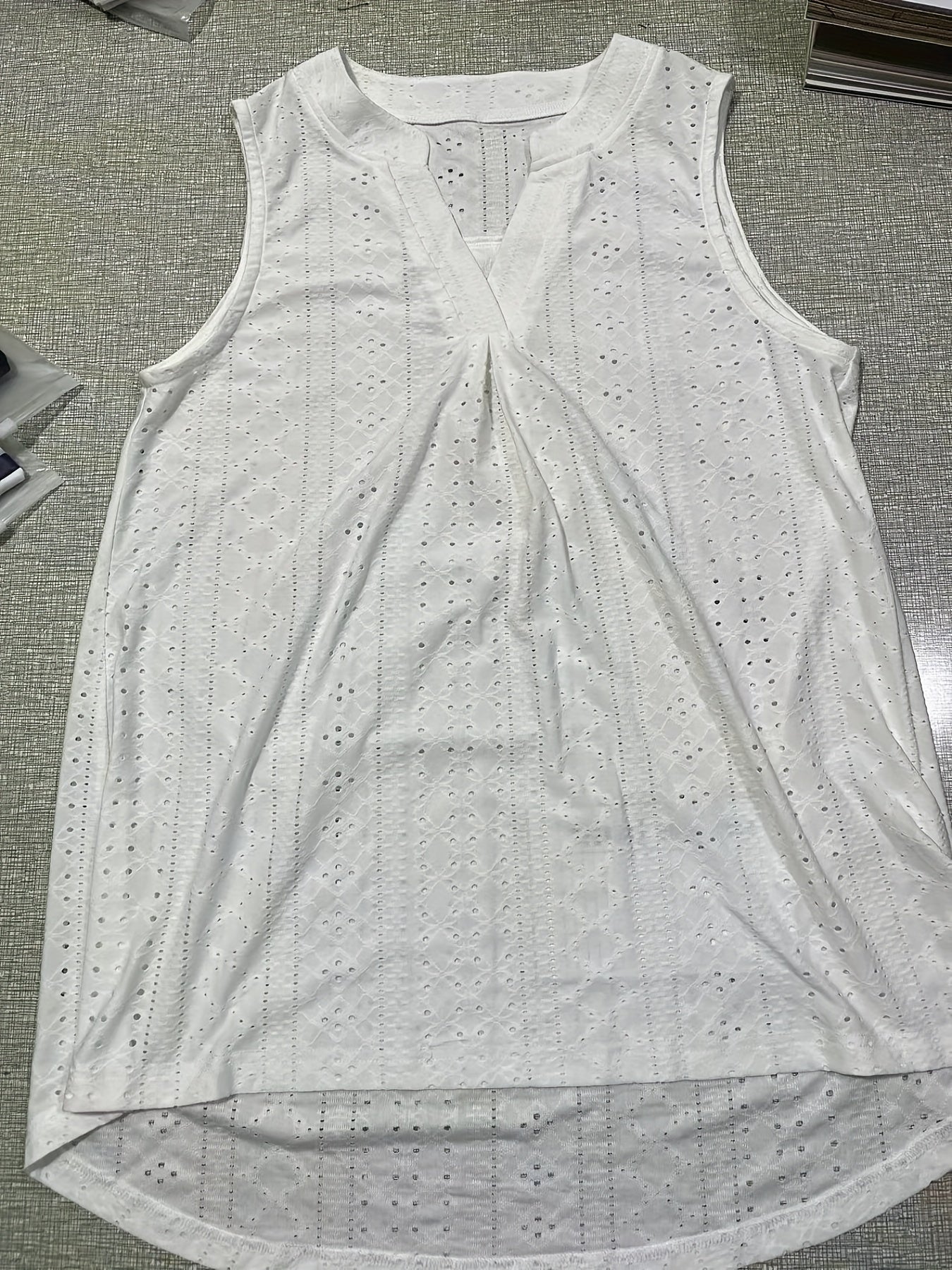 Eyelet Pleated Tank Top V Neck Sleeveless Summer Top