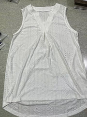Eyelet Pleated Tank Top V Neck Sleeveless Summer Top
