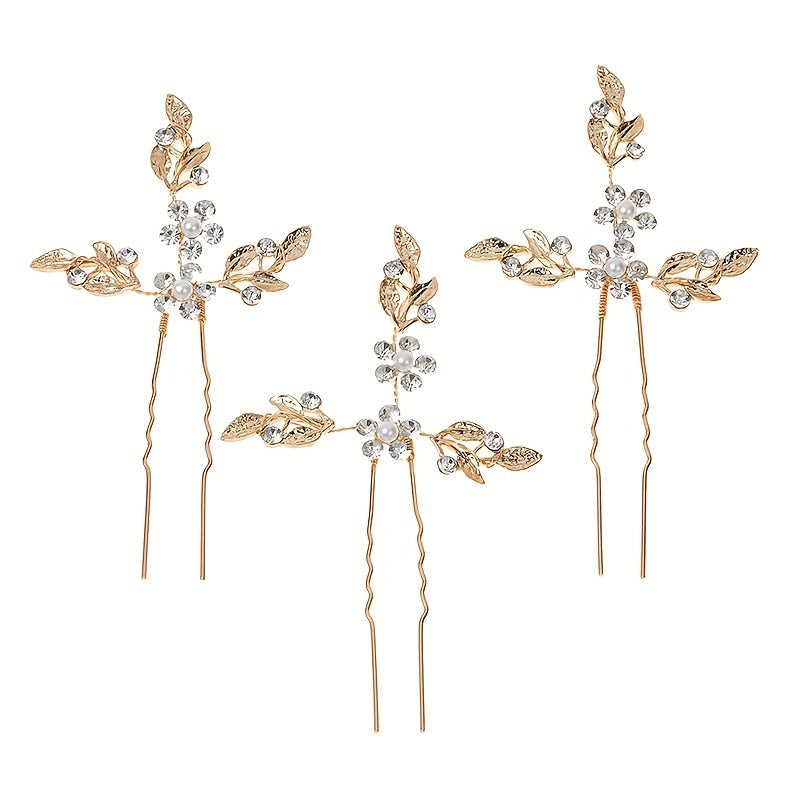 3pcs Rhinestone Leaf Hair Pin Wedding Head Jewelry