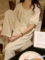Floral Print Pajama Set Short Sleeve Button Top & Pants