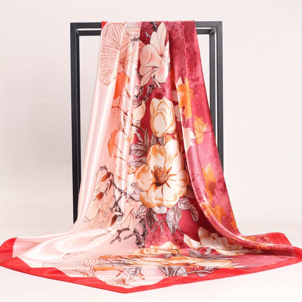 Classic Flower Print Satin Bandana Shawl Silk Square Scarf