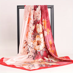 Classic Flower Print Satin Bandana Shawl Silk Square Scarf