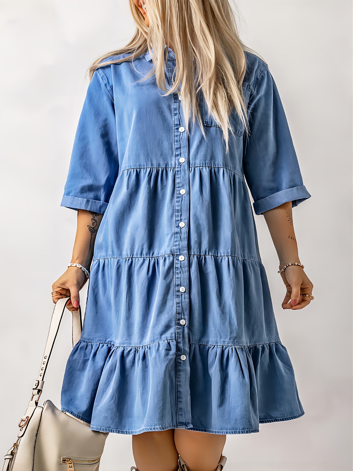 Ruched Peplum Denim Dress Single Breasted Button