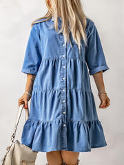 Ruched Peplum Denim Dress Single Breasted Button