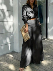 Casual Two Piece Set Long Sleeve Blouse & Wide Leg Pants Outfit