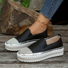 Women's Glitter Platform Loafers Rhinestone Slip On Shoes