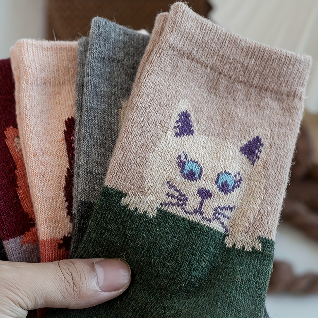 5 Pairs Cat Print Cartoon Socks Warm Mid Tube Women's Stockings