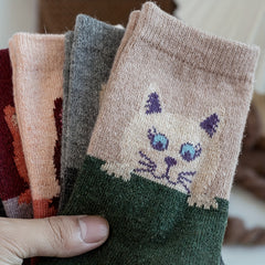 5 Pairs Cat Print Cartoon Socks Warm Mid Tube Women's Stockings