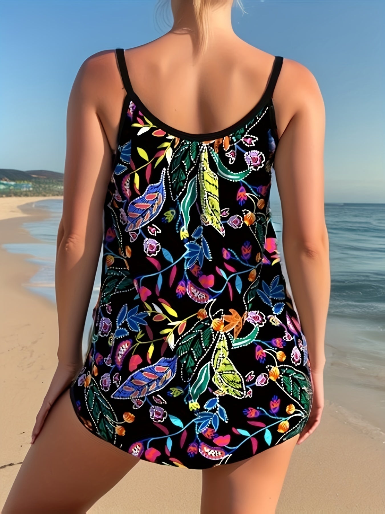 Floral Print Boho Tankini Set Women's Scoop Neck Tie Cami Top & S