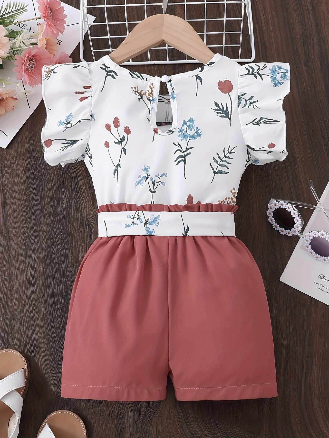Girl's Floral Pattern Ruffle Sleeve Shirt & Belted Shorts Set