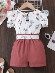 Girl's Floral Pattern Ruffle Sleeve Shirt & Belted Shorts Set