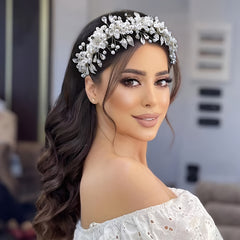 Bridal Headband with Rhinestones & Shell Flowers