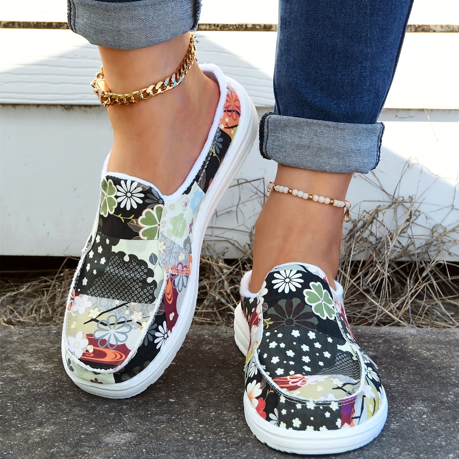 Women's Flower Patchwork Mules Sneakers Slip on Flat Slippers