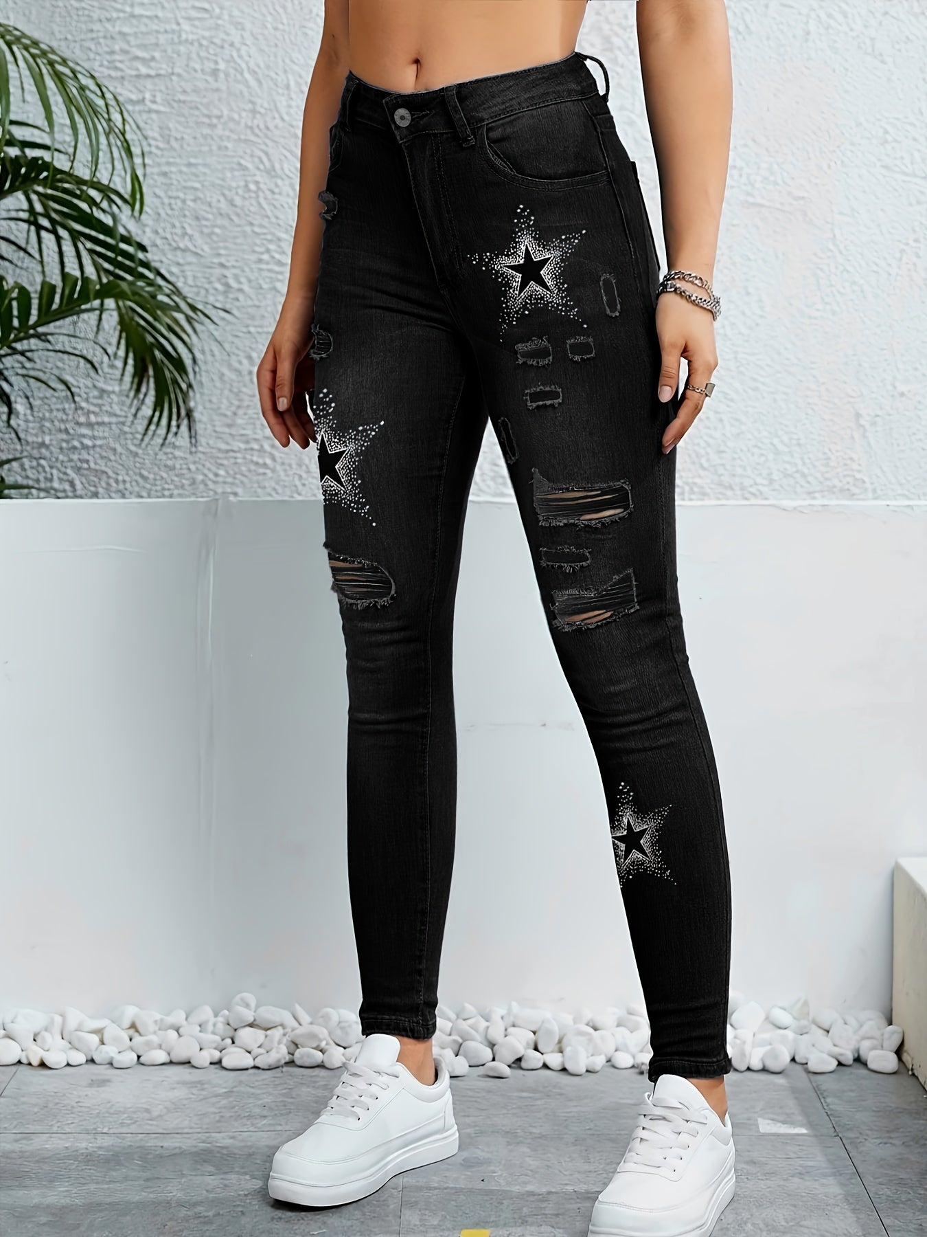 Star Pattern Ripped Holes Skinny Jeans Slim Fit