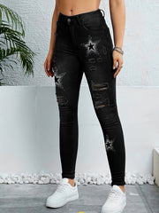 Star Pattern Ripped Holes Skinny Jeans Slim Fit
