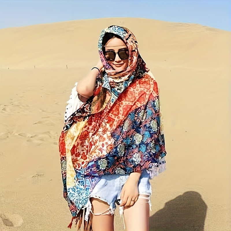 Boho Flower Print Scarf Vintage Tassel Shawl Windproof Head Wrap