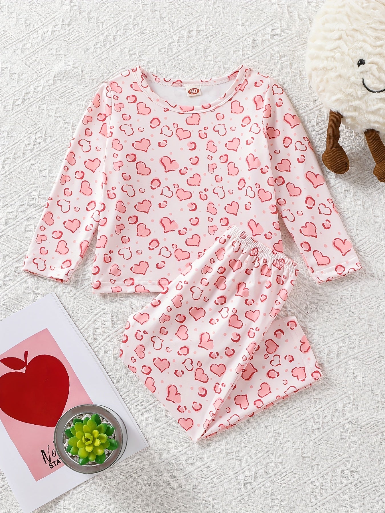 Girl's Love Heart Print PJ Set Long Sleeve Top & Pants