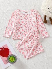 Girl's Love Heart Print PJ Set Long Sleeve Top & Pants
