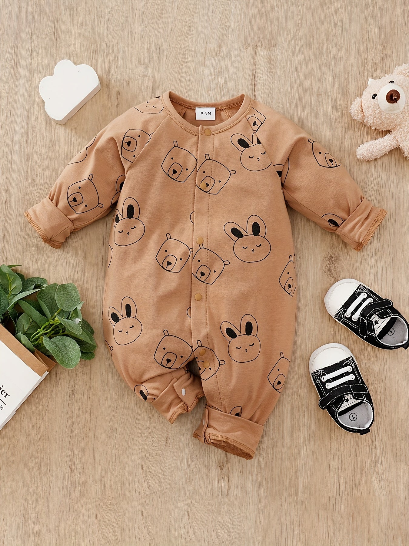 Bear And Rabbit Painting Full Print Jumpsuit Long Sleeve Cotton Baby Bodysuit