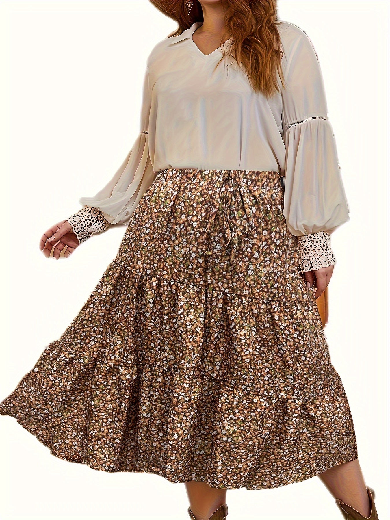Boho Skirt Women's Plus Allover Ditsy Print Midi Smock Skirt