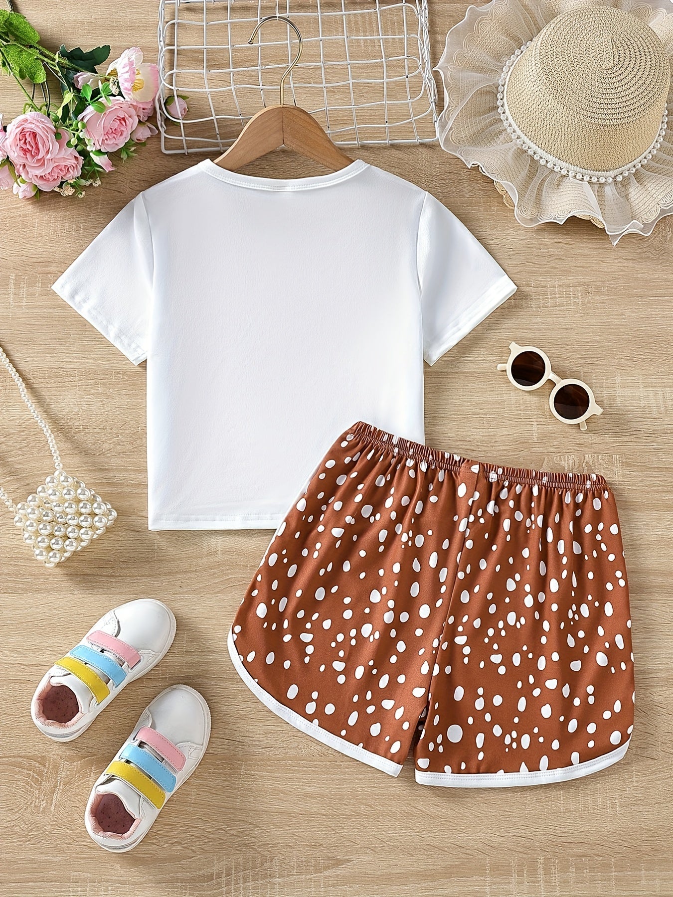 Girls Mushroom Pattern T-shirt & Polka Dot Shorts Set