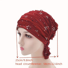 Sequin Decor Ruffle Turban Cap Elastic Head Wrap Ramadan Hijab Hats