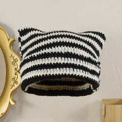 Striped Cat Ears Y2K Beanie Double Knitted Monster Warm Skull Cap