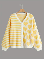 Stripe & Heart Print Button Up Sleeve Cardigan