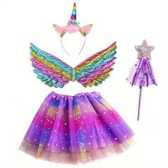 Girls' Rainbow Cartoon Headband Wings Star Wand 4pcs Skirt Set