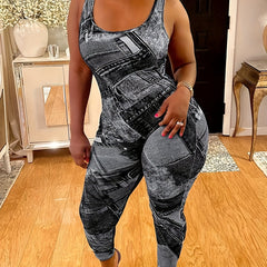 Casual Jumpsuit Denim Print Slim Fit Medium Stretch Tank Jumpsuit