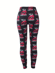 Casual Leggings Women's Plus Letter & Kiss Print Medium Stretch