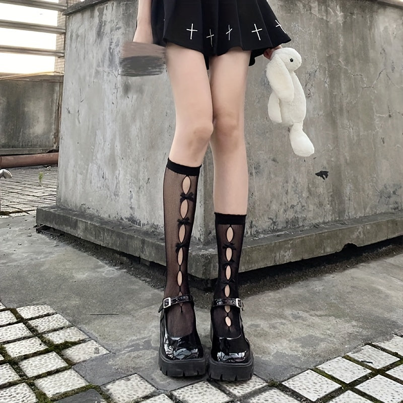 3 Pairs Bow Cut Out Calf Socks Sweet & Knee High Stockings