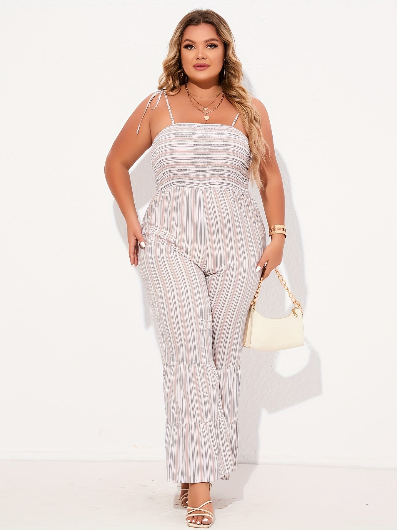 Striped Tie Shoulder Flared Leg Jumpsuit