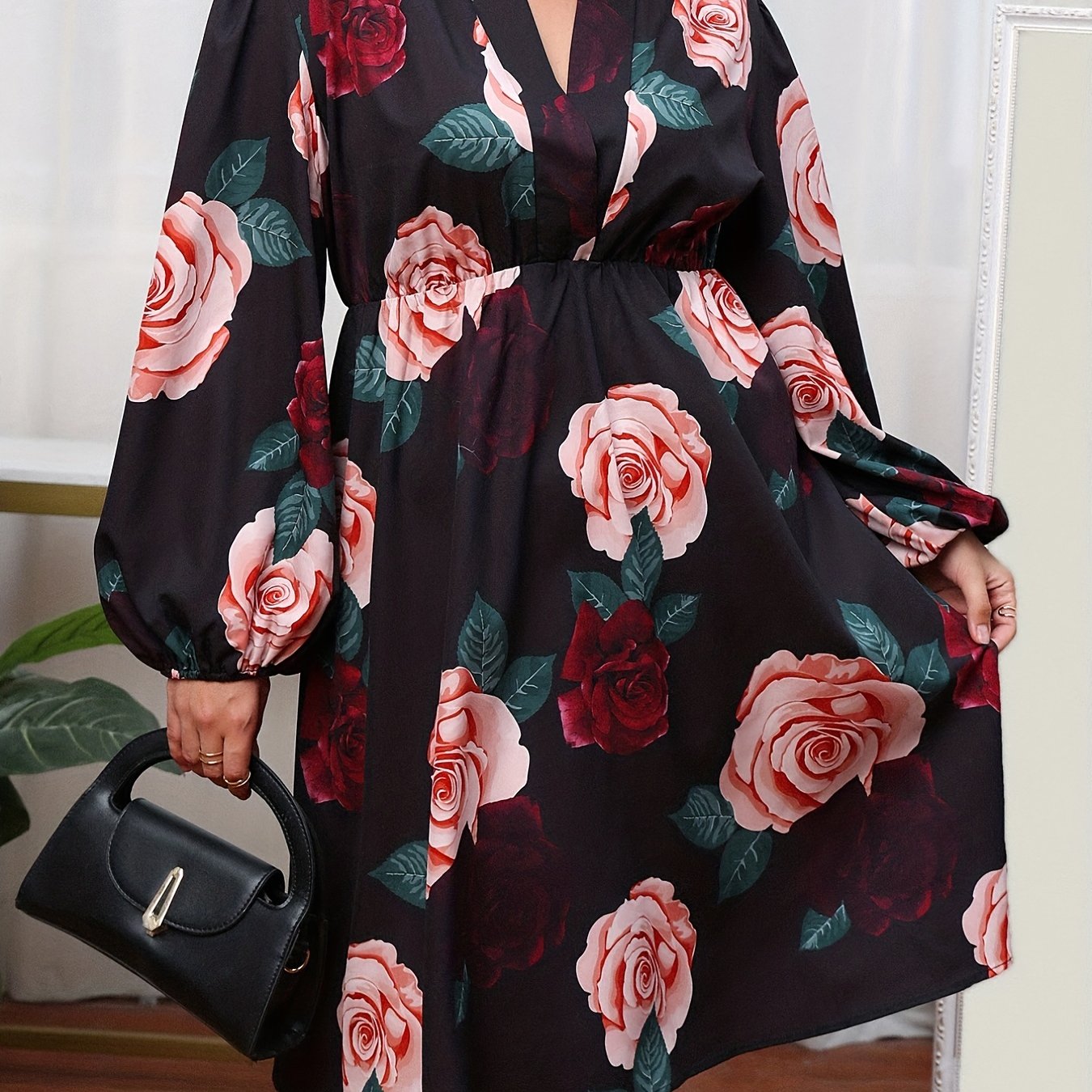Casual Dress Women's Plus Floral Print Lantern Sleeve V Neck Dress