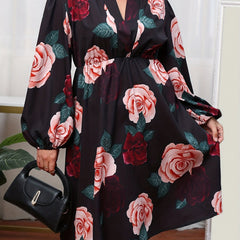 Casual Dress Women's Plus Floral Print Lantern Sleeve V Neck Dress