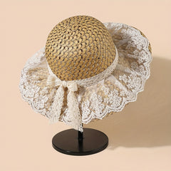 Women's Sunshade Straw Hat with Lace Bow Decor