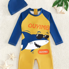 Boy's Cartoon Sunglasses Shark Pattern Swimsuit 2pcs Set