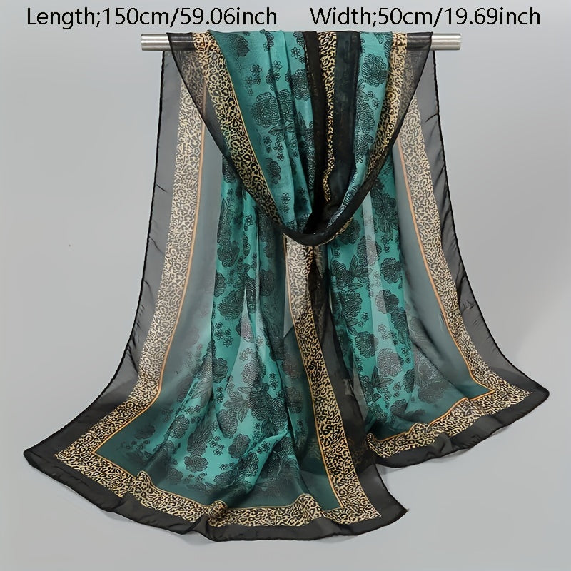 Rose Leopard Print Chiffon Scarf Vintage Block Shawl Boho Windproof Head Wrap